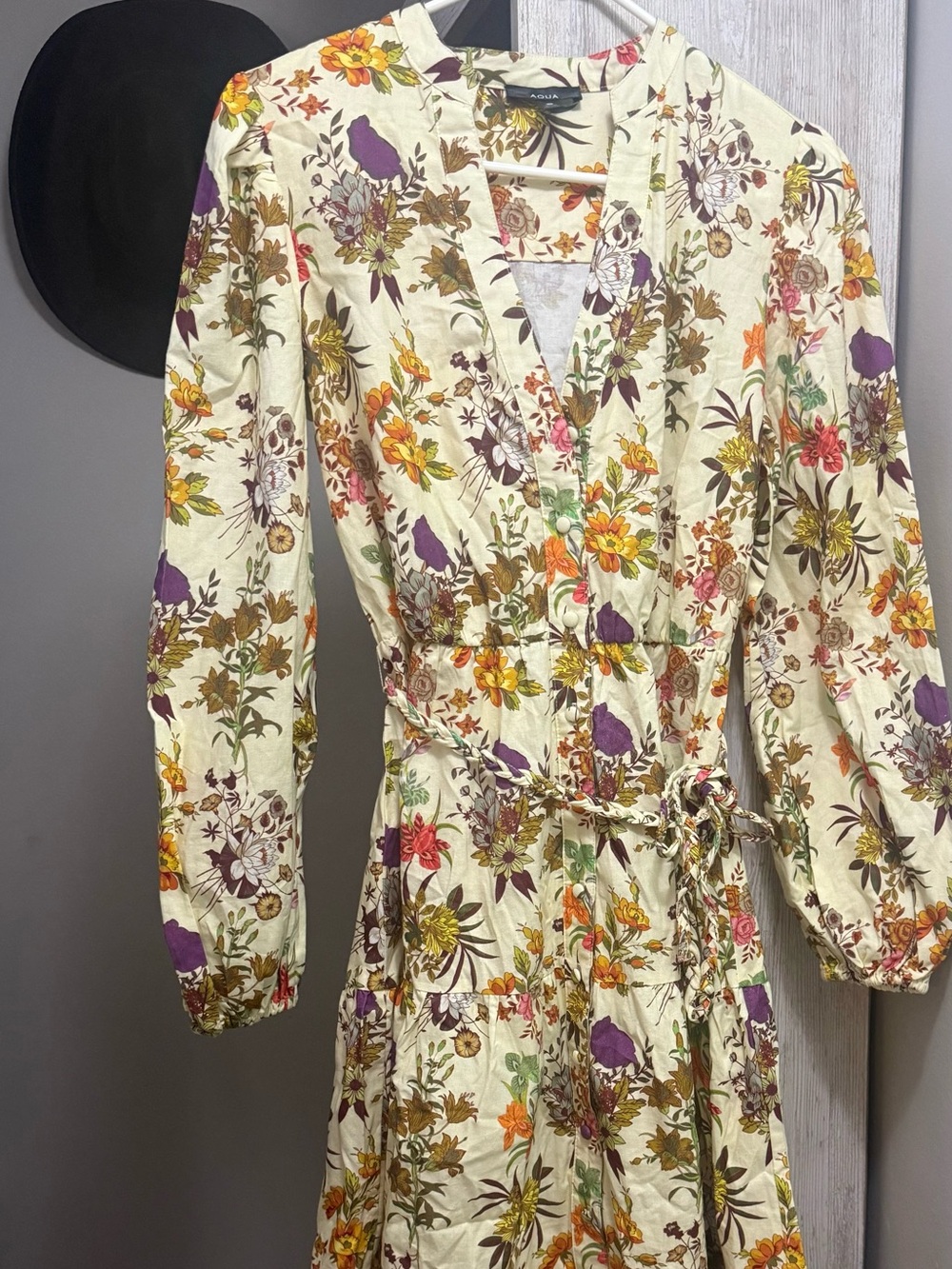 Aqua Cream Floral Long Sleeve Tie-Waist Dress with Purple Accents